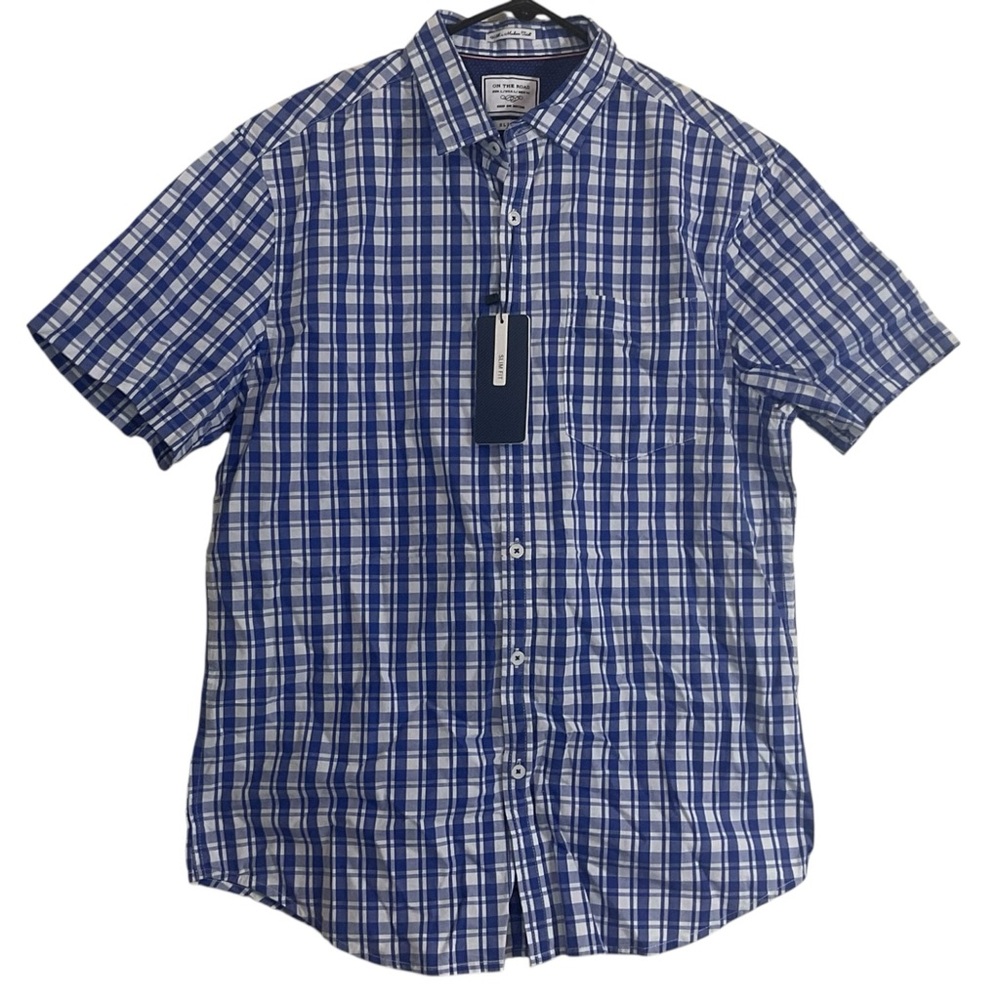 On The Road Slim Fit Plaid Button-Down Shirt – Men’s Large – Blue & White Check